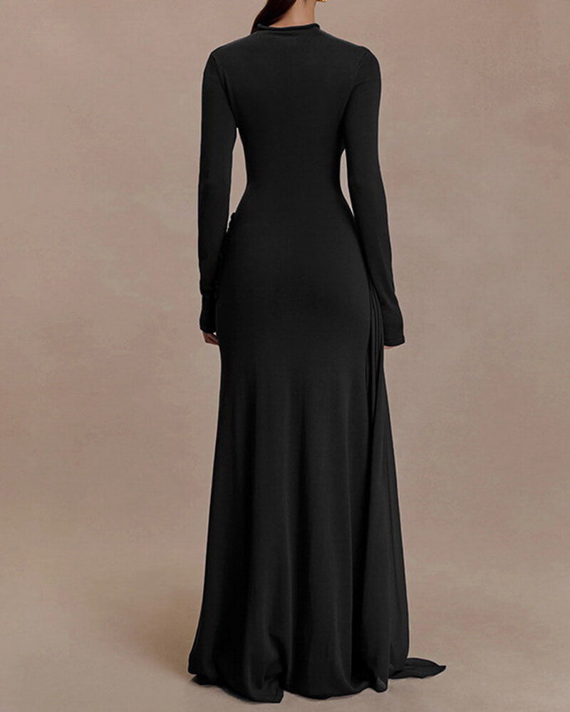 NURO Women's High Neck Ruffle Sleeve Bodycon Maxi Dress