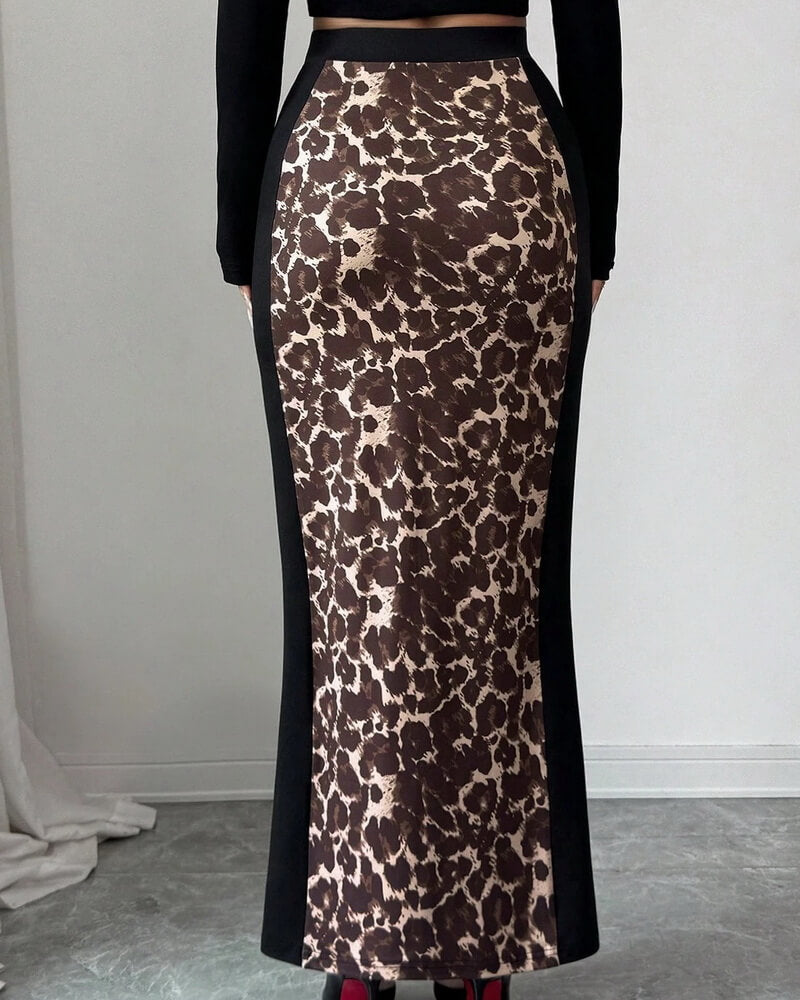 NURO Women's High Waist Bodycon Pencil Skirt with Leopard Print Slit