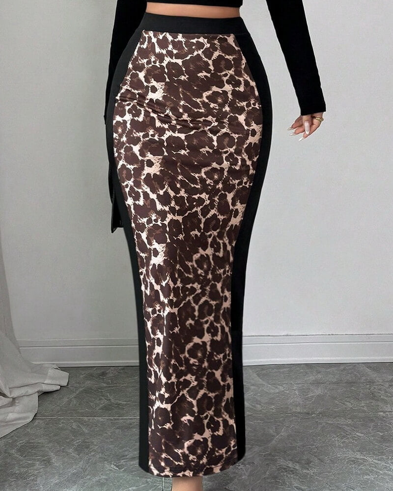 NURO Women's High Waist Bodycon Pencil Skirt with Leopard Print Slit