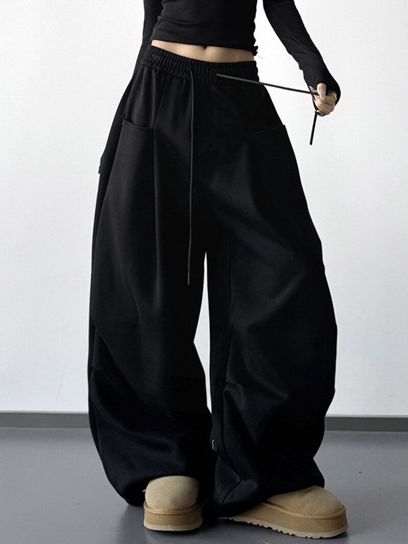 NURO Women's High Waist Cargo Wide Leg Pants - Extra Long Drawstring Trousers in White