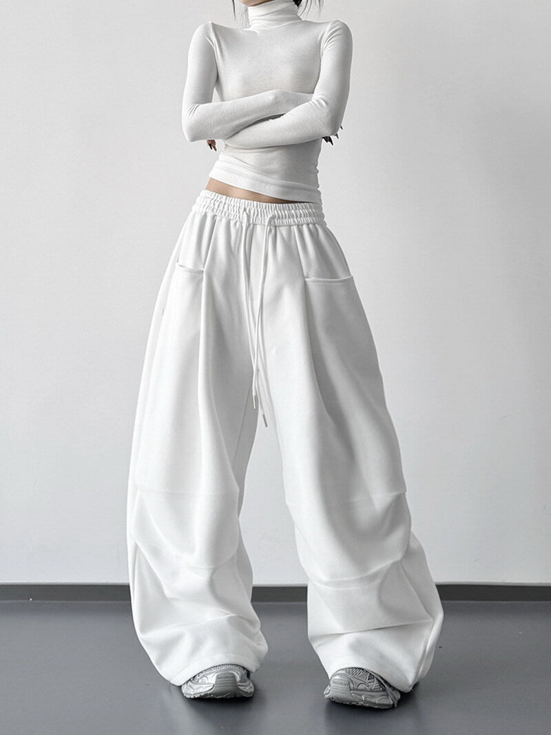 NURO Women's High Waist Cargo Wide Leg Pants - Extra Long Drawstring Trousers in White