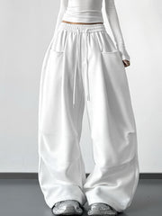 NURO Women's High Waist Cargo Wide Leg Pants - Extra Long Drawstring Trousers in White