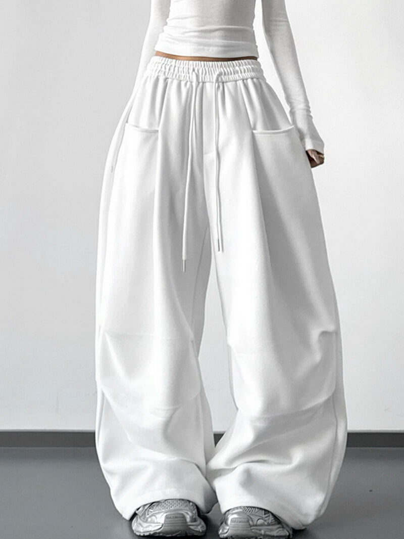NURO Women's High Waist Cargo Wide Leg Pants - Extra Long Drawstring Trousers in White