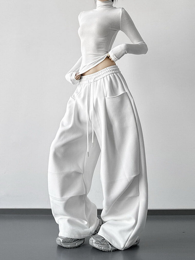 NURO Women's High Waist Cargo Wide Leg Pants - Extra Long Drawstring Trousers in White