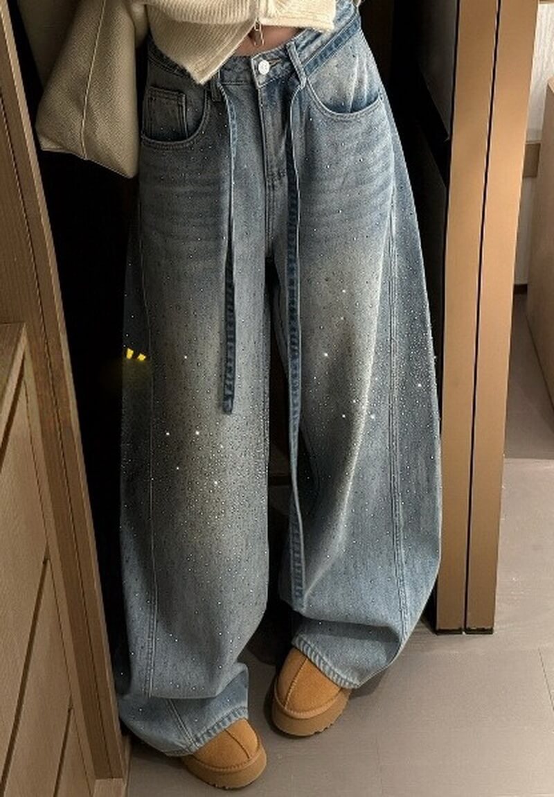 NURO Women's High Waist Embellished Wide Leg Jeans, Fleece Lined Winter Denim Pants