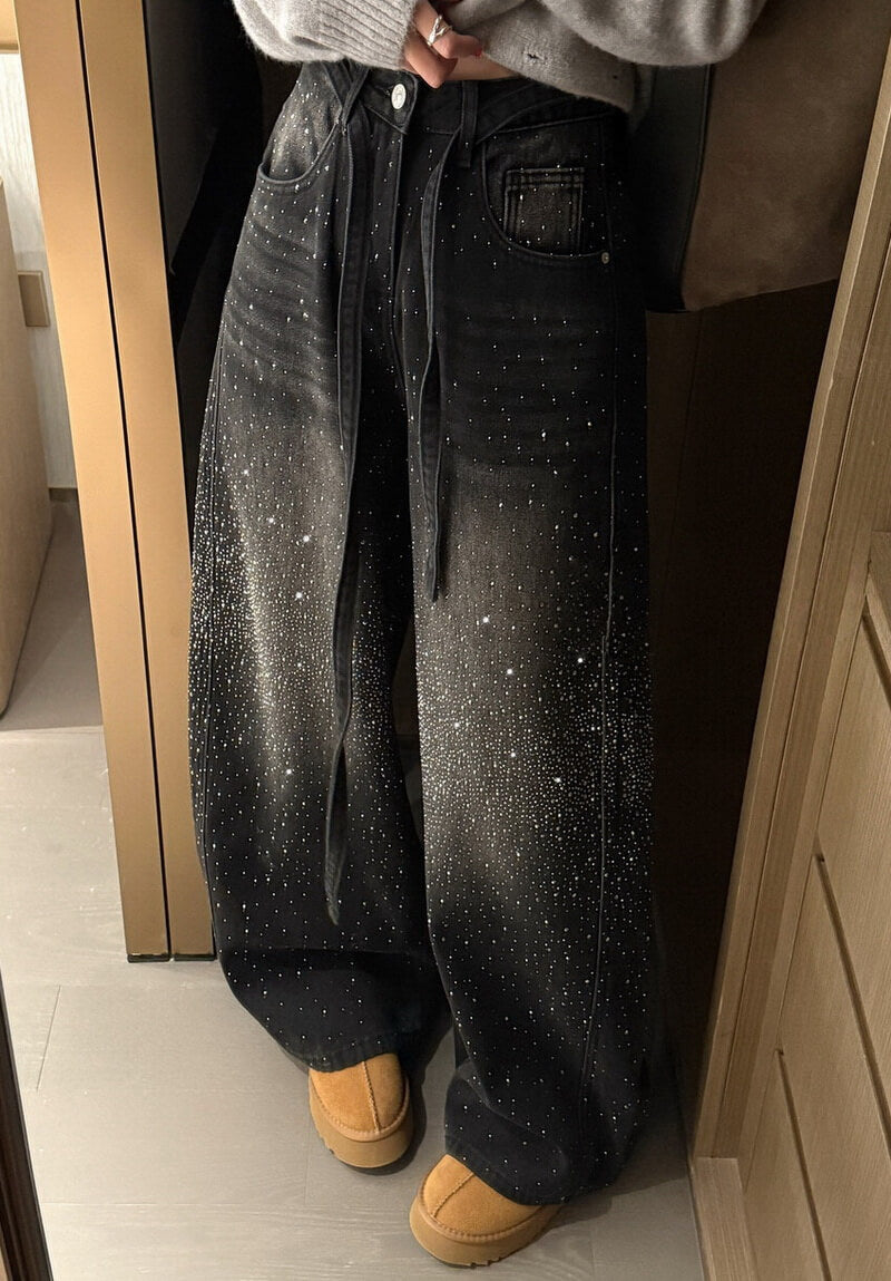 NURO Women's High Waist Embellished Wide Leg Jeans, Fleece Lined Winter Denim Pants