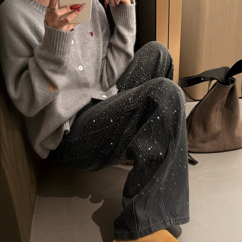 NURO Women's High Waist Embellished Wide Leg Jeans, Fleece Lined Winter Denim Pants