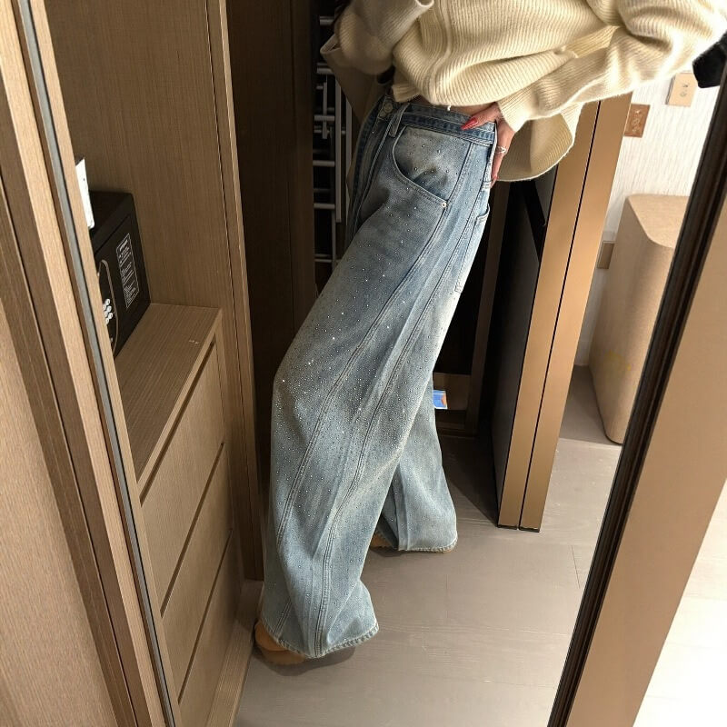 NURO Women's High Waist Embellished Wide Leg Jeans, Fleece Lined Winter Denim Pants