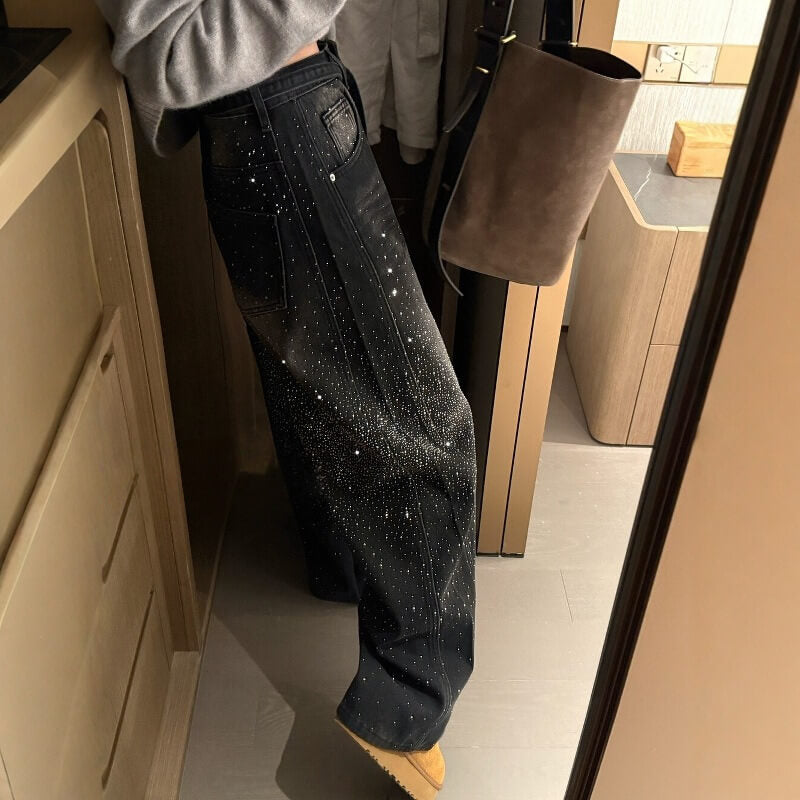 NURO Women's High Waist Embellished Wide Leg Jeans, Fleece Lined Winter Denim Pants