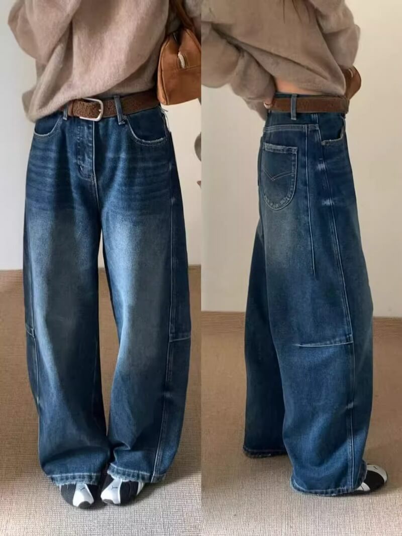 NURO Women's High Waist Embroidered Wide Leg Jeans, Fleece Lined Winter Denim Pants