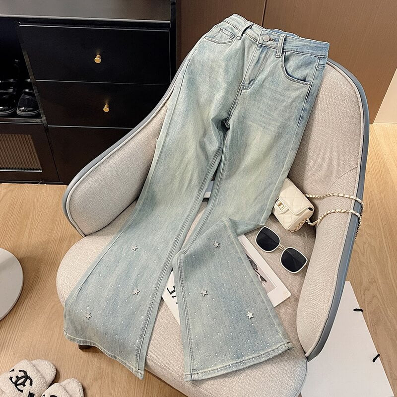 NURO Women's High Waist Flare Jeans Star Embellished Light Blue Stretch