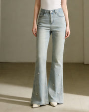 NURO Women's High Waist Flare Jeans Star Embellished Light Blue Stretch