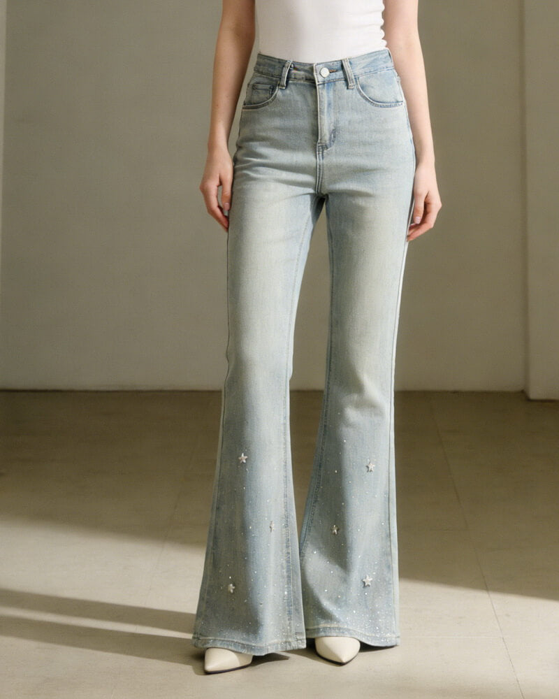 NURO Women's High Waist Flare Jeans Star Embellished Light Blue Stretch