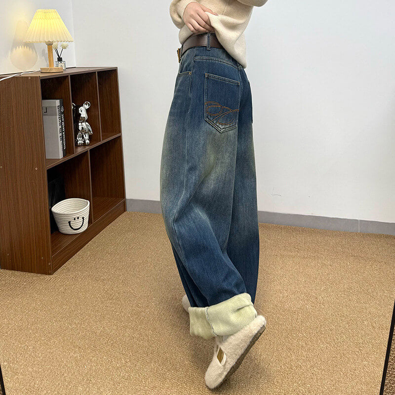 NURO Women's High Waist Flared Fleece-Lined Jeans, Winter Wide Leg Denim Pants