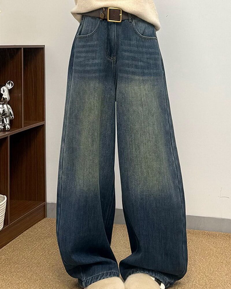 NURO Women's High Waist Flared Fleece-Lined Jeans, Winter Wide Leg Denim Pants