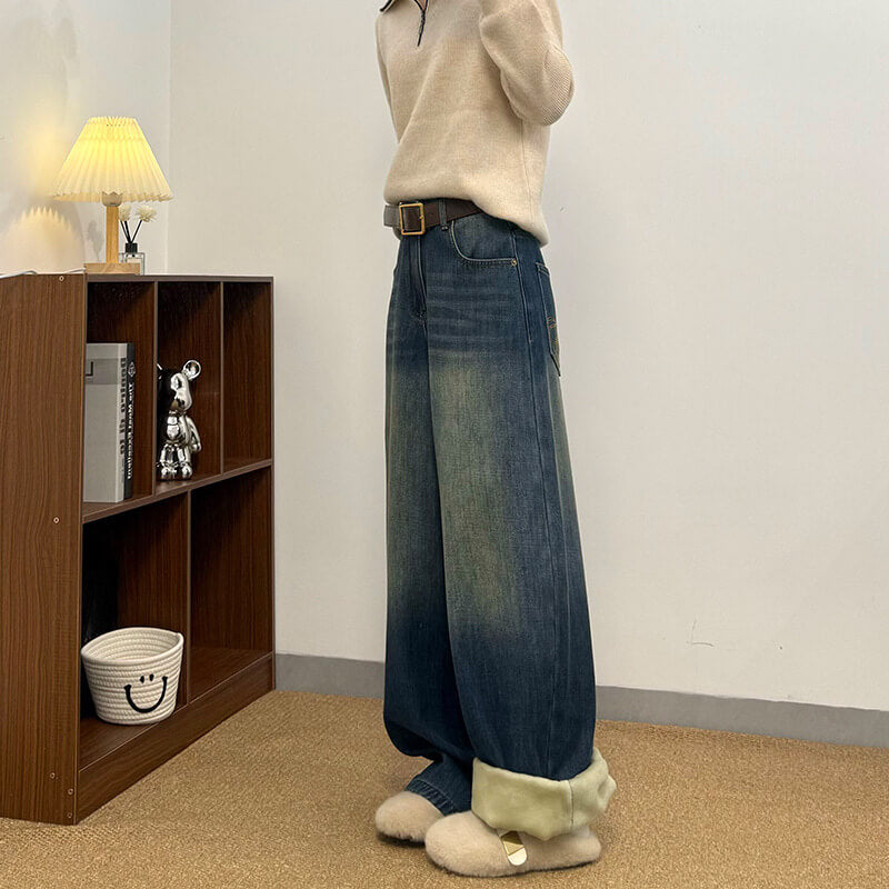 NURO Women's High Waist Flared Fleece-Lined Jeans, Winter Wide Leg Denim Pants