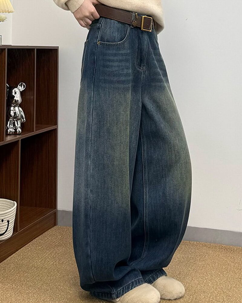 NURO Women's High Waist Flared Fleece-Lined Jeans, Winter Wide Leg Denim Pants