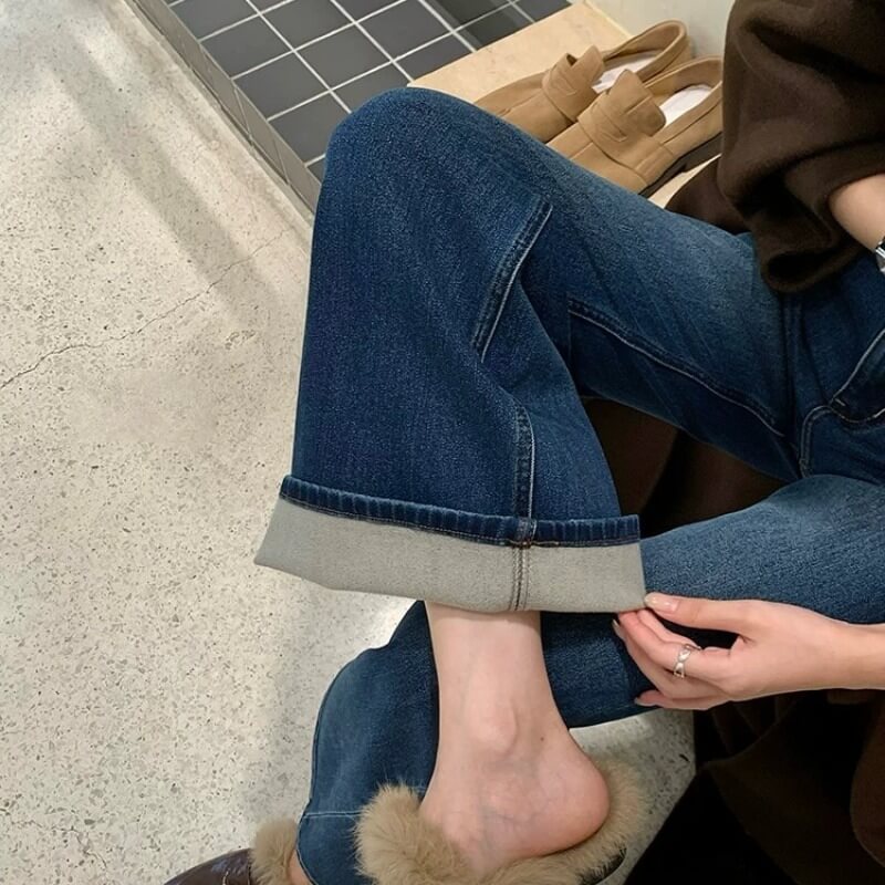 NURO Women's High Waist Flared Fleece Lined Jeans, Wide Leg Winter Denim Pants