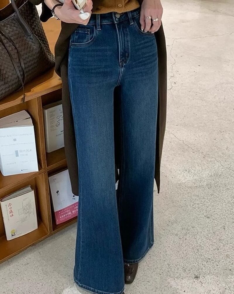 NURO Women's High Waist Flared Fleece Lined Jeans, Wide Leg Winter Denim Pants