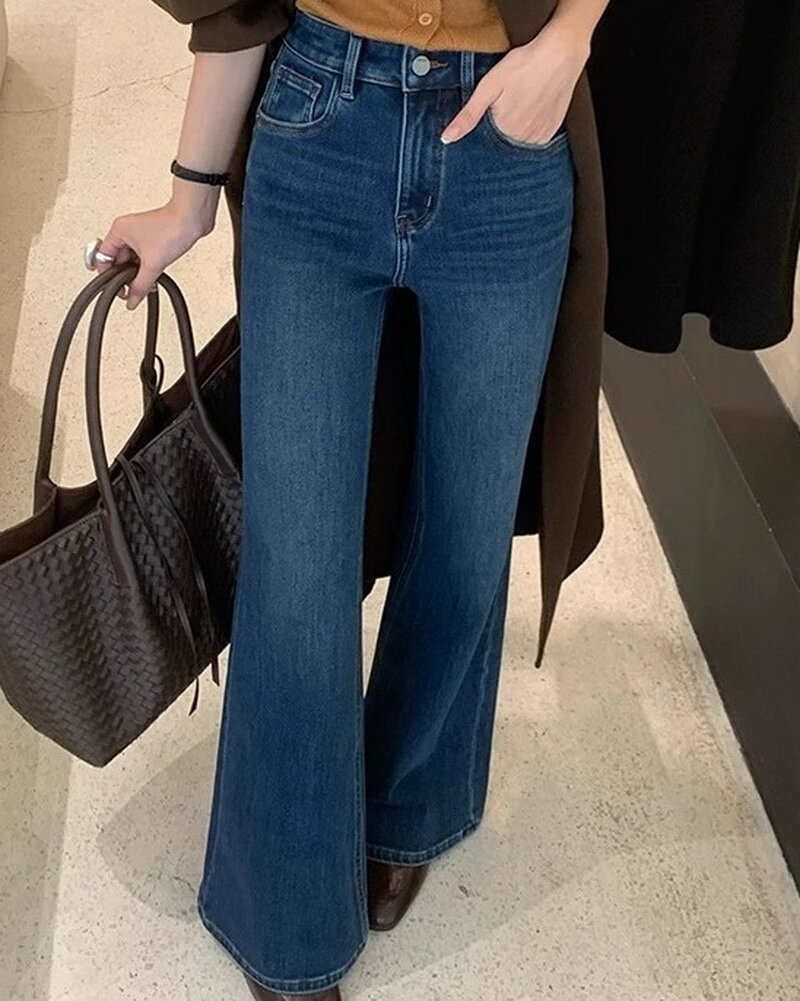 NURO Women's High Waist Flared Fleece Lined Jeans, Wide Leg Winter Denim Pants