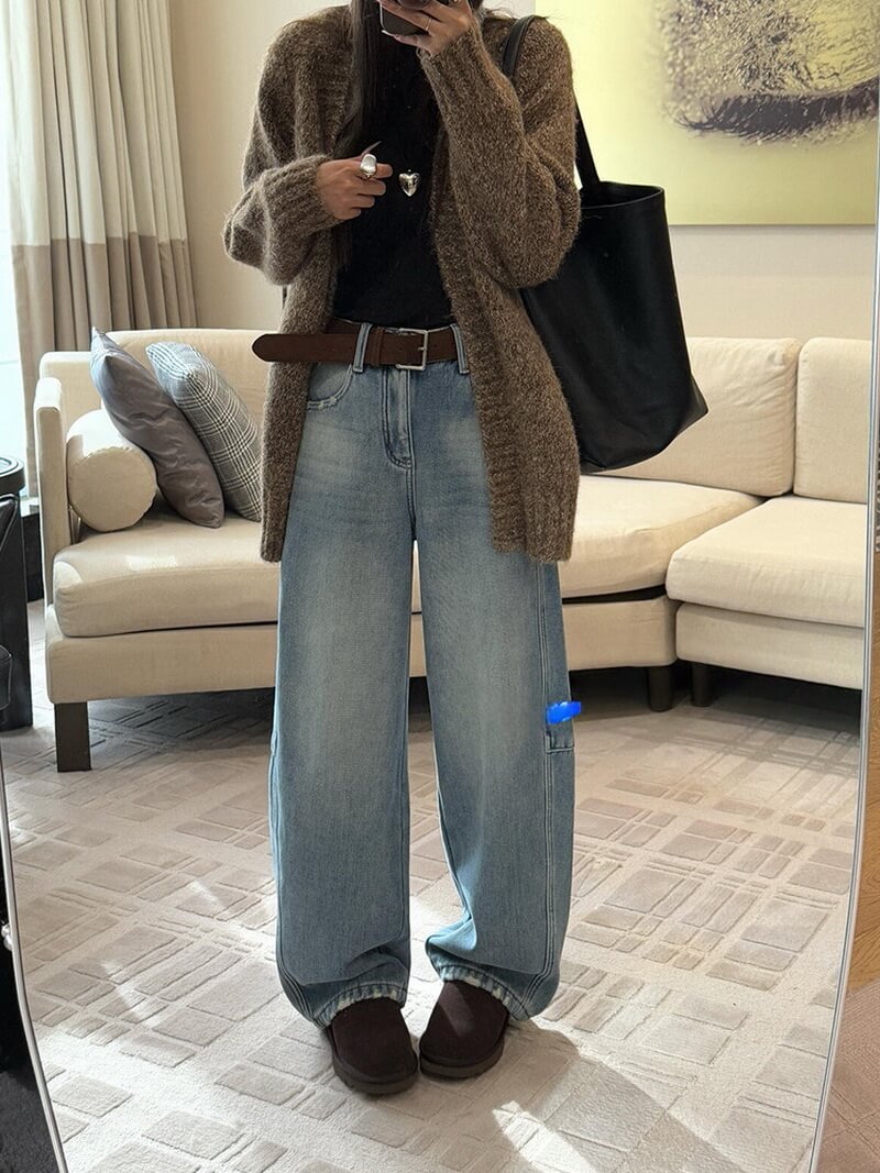 NURO Women's High Waist Flared Leg Jeans with Belt, Distressed Wide Leg Denim Pants for Winter