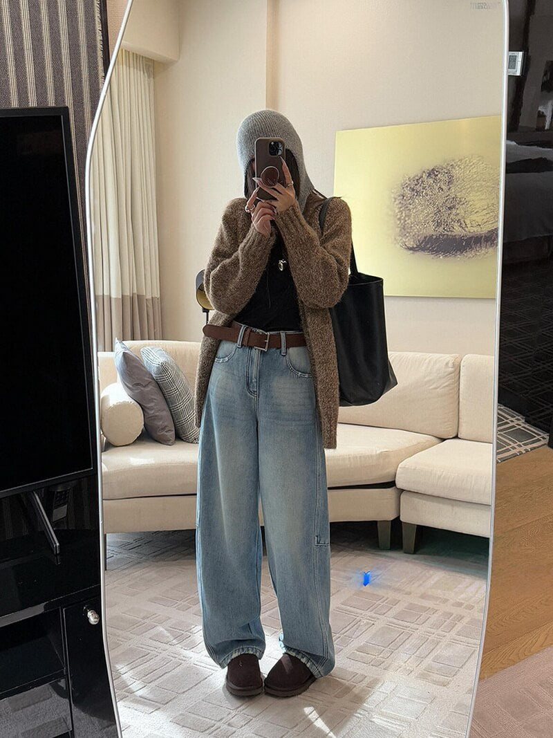 NURO Women's High Waist Flared Leg Jeans with Belt, Distressed Wide Leg Denim Pants for Winter