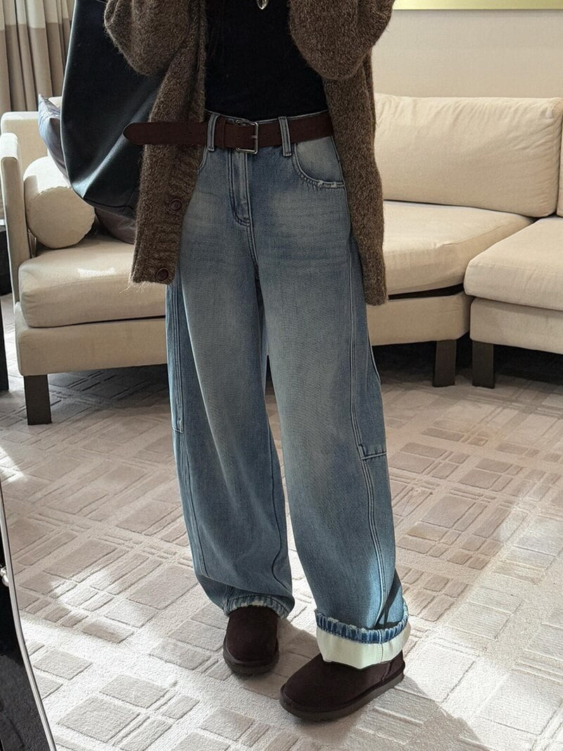 NURO Women's High Waist Flared Leg Jeans with Belt, Distressed Wide Leg Denim Pants for Winter