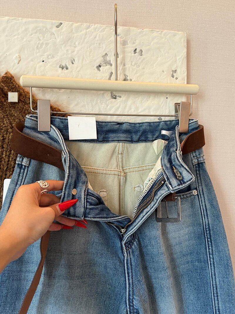 NURO Women's High Waist Flared Leg Jeans with Belt, Distressed Wide Leg Denim Pants for Winter