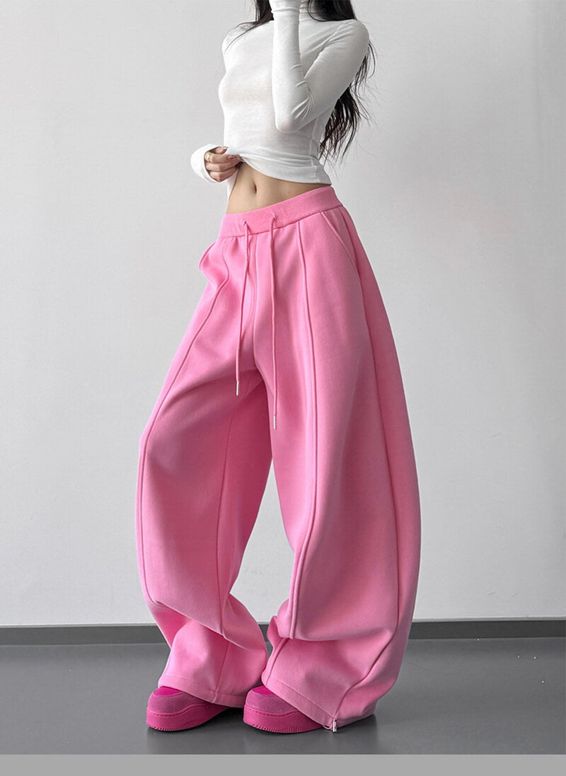 NURO Women's High Waist Flared Sweatpants - Pink Wide Leg Lounge Pants with Asymmetric Hem
