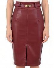 NURO Women's High Waist Front Slit PU Midi Skirt with Belt