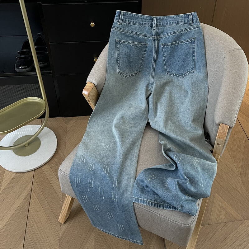 NURO Women's High Waist Jeans Distressed Rhinestone Fade Blue Straight Leg