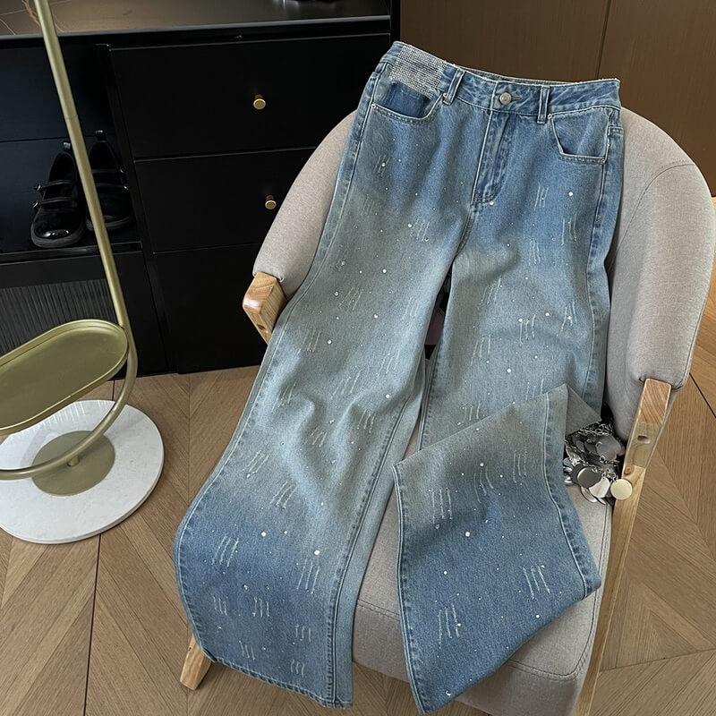 NURO Women's High Waist Jeans Distressed Rhinestone Fade Blue Straight Leg
