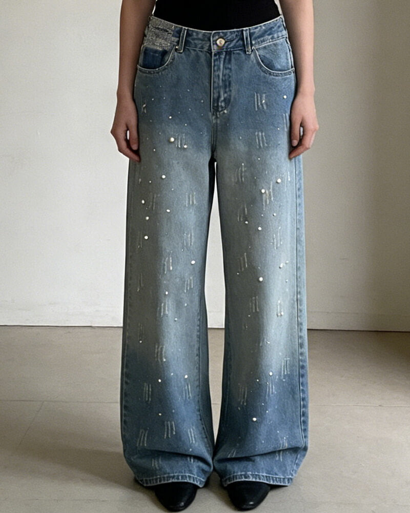 NURO Women's High Waist Jeans Distressed Rhinestone Fade Blue Straight Leg