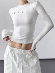 NURO Women's High Waist Letter Print Long Sleeve T-Shirt - Fitted Retro Top