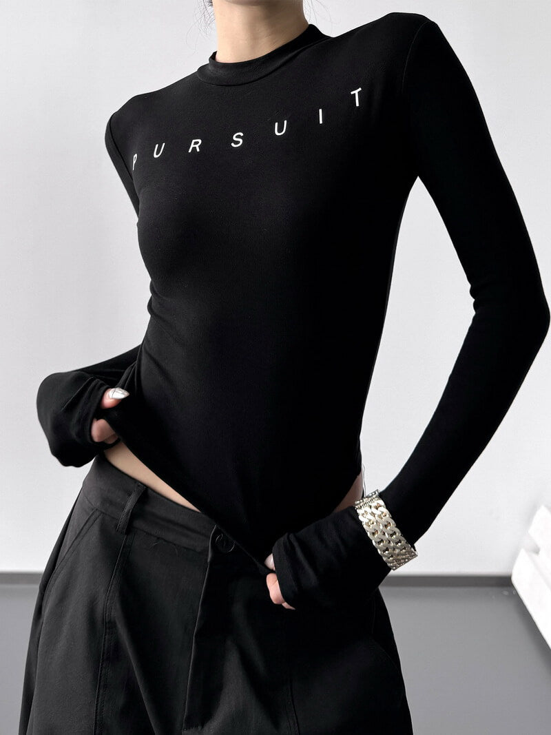 NURO Women's High Waist Letter Print Long Sleeve T-Shirt - Fitted Retro Top