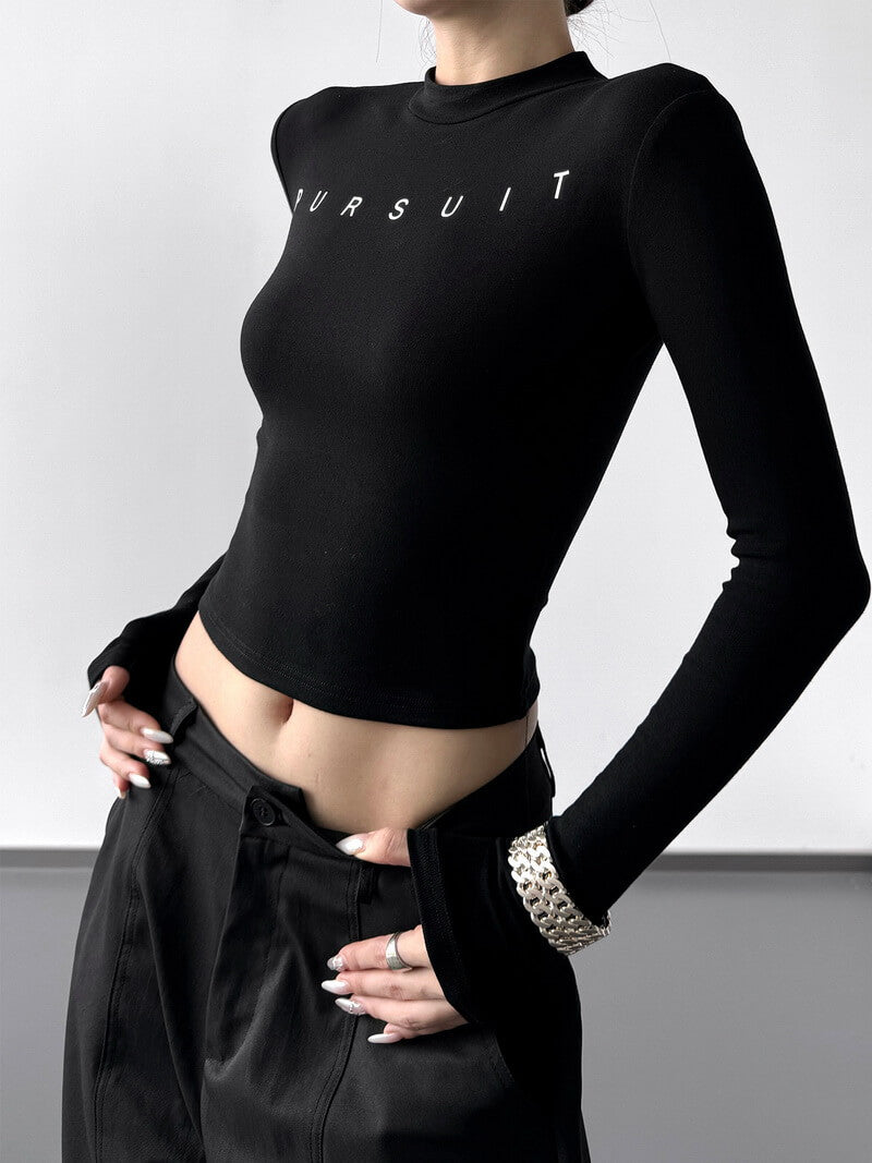 NURO Women's High Waist Letter Print Long Sleeve T-Shirt - Fitted Retro Top