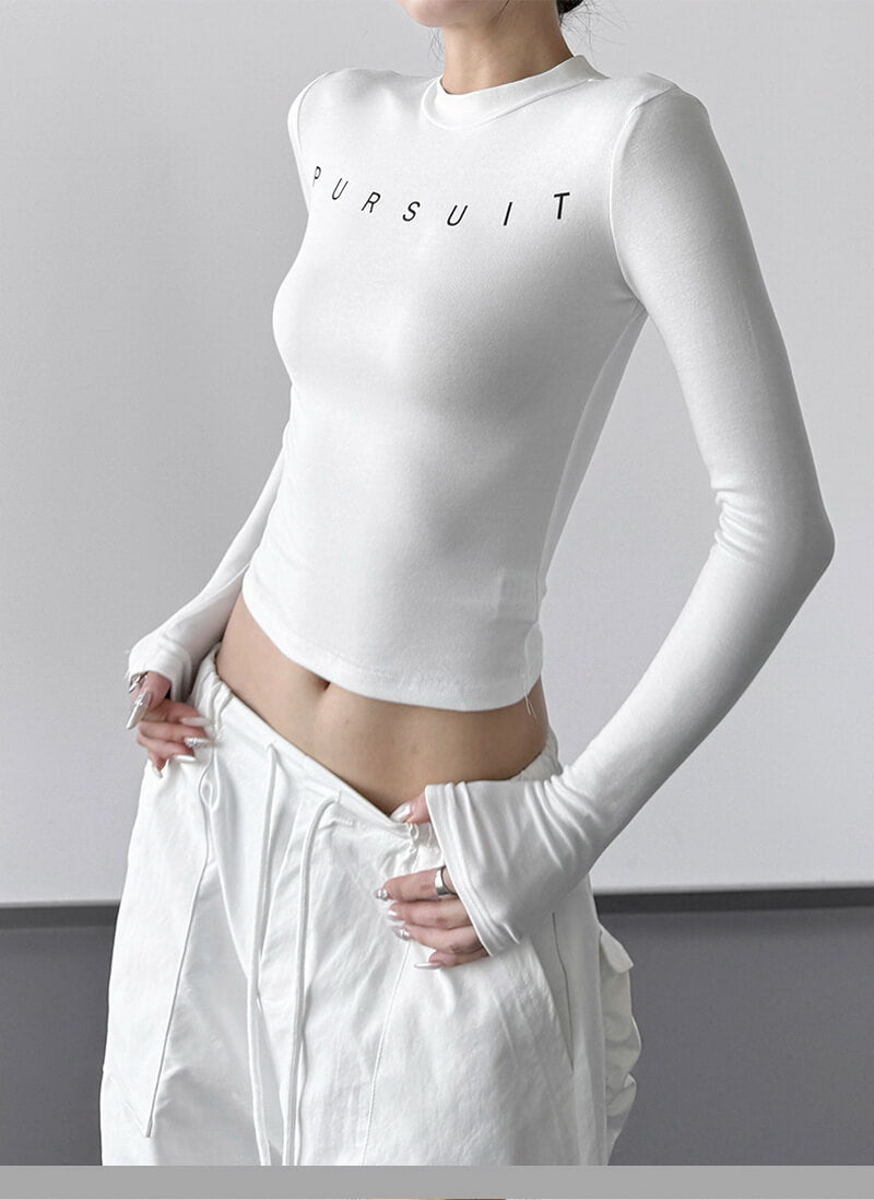 NURO Women's High Waist Letter Print Long Sleeve T-Shirt - Fitted Retro Top