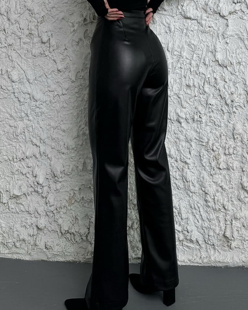 NURO Women's High Waist PU Leather Pants - Straight Leg Casual Trousers with Zipper Detail, Minimalist Streetwear Pants