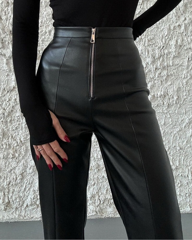 NURO Women's High Waist PU Leather Pants - Straight Leg Casual Trousers with Zipper Detail, Minimalist Streetwear Pants