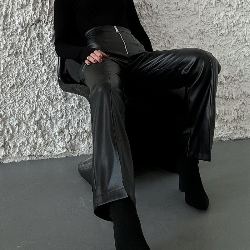 NURO Women's High Waist PU Leather Pants - Straight Leg Casual Trousers with Zipper Detail, Minimalist Streetwear Pants