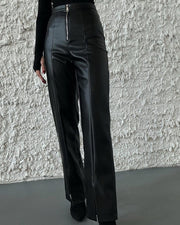 NURO Women's High Waist PU Leather Pants - Straight Leg Casual Trousers with Zipper Detail, Minimalist Streetwear Pants