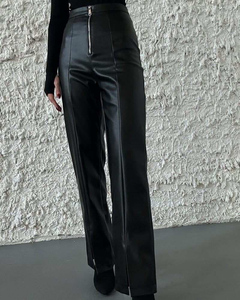 NURO Women's High Waist PU Leather Pants - Straight Leg Casual Trousers with Zipper Detail, Minimalist Streetwear Pants