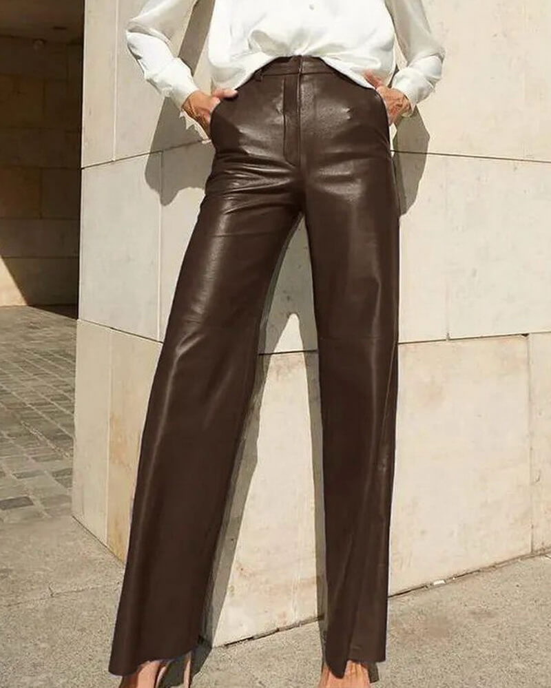 NURO Women's High Waist PU Leather Pants - Straight Leg Trousers with Minimalist Design, Casual Streetwear Pants