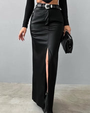 NURO Women's High Waist PU Leather Straight Skirt - Long Zipper Detail Pencil Skirt, Minimalist Bodycon Midi Skirt