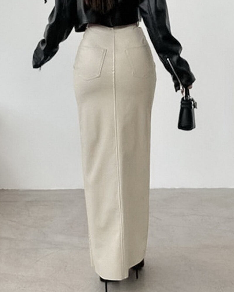 NURO Women's High Waist PU Leather Straight Skirt - Long Zipper Detail Pencil Skirt, Minimalist Bodycon Midi Skirt