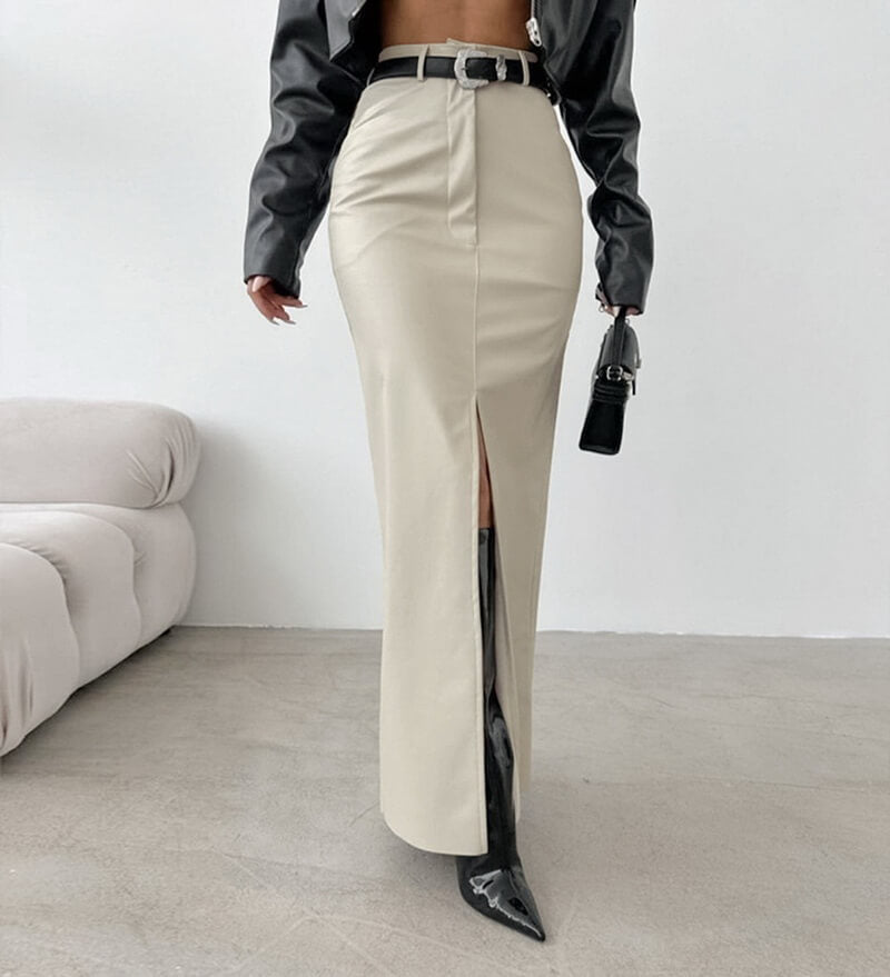 NURO Women's High Waist PU Leather Straight Skirt - Long Zipper Detail Pencil Skirt, Minimalist Bodycon Midi Skirt