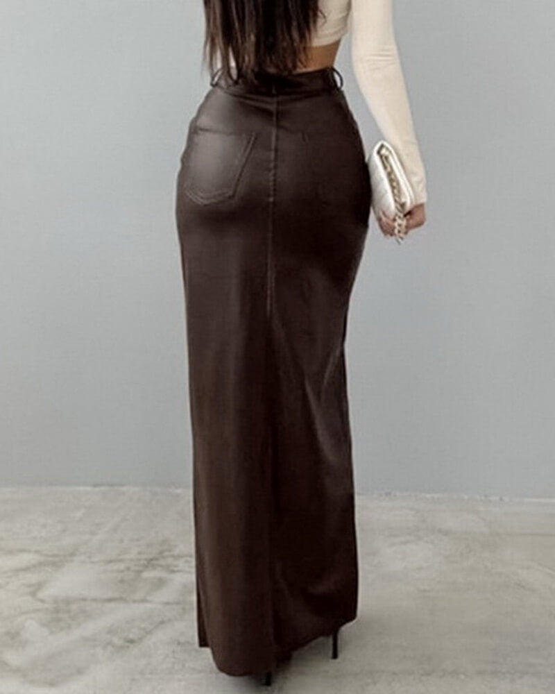 NURO Women's High Waist PU Leather Straight Skirt - Long Zipper Detail Pencil Skirt, Minimalist Bodycon Midi Skirt