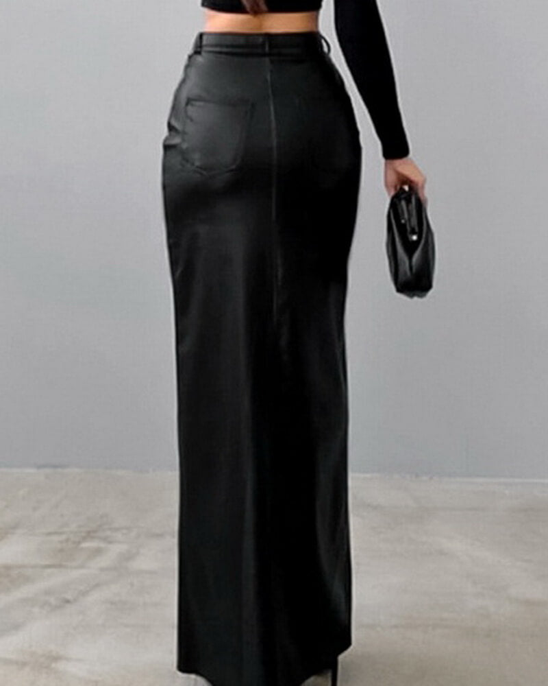 NURO Women's High Waist PU Leather Straight Skirt - Long Zipper Detail Pencil Skirt, Minimalist Bodycon Midi Skirt