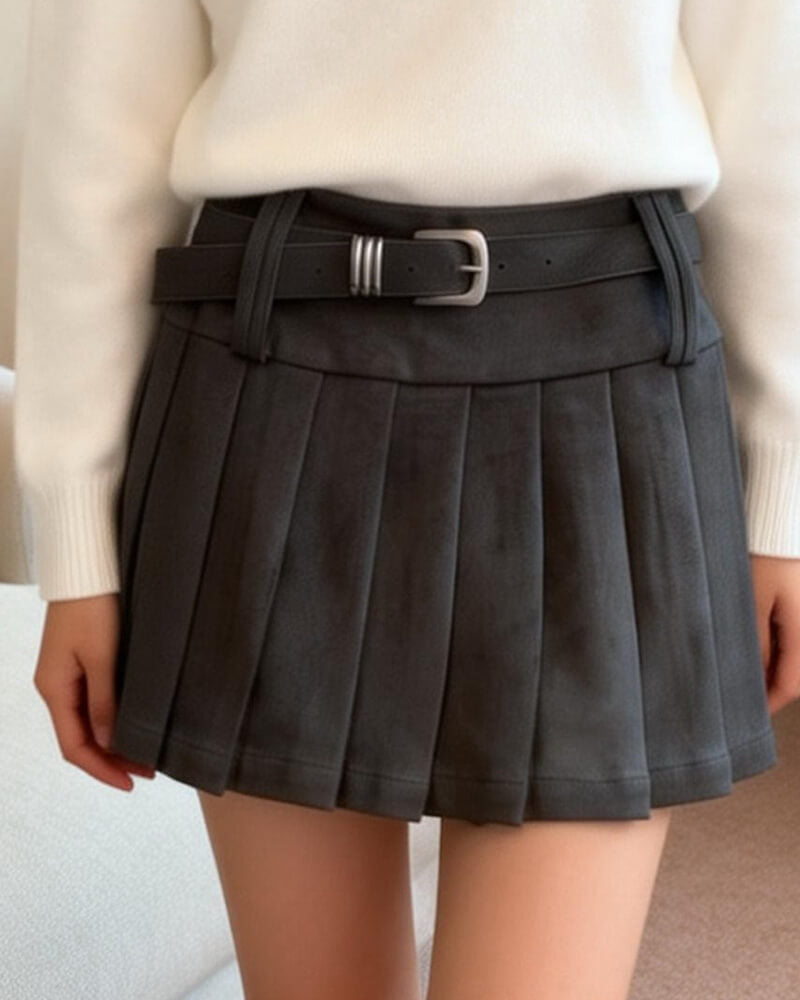 NURO Women's High Waist Pleated Mini Skirt, Textured A-Line Midi Skirt for Fall and Winter