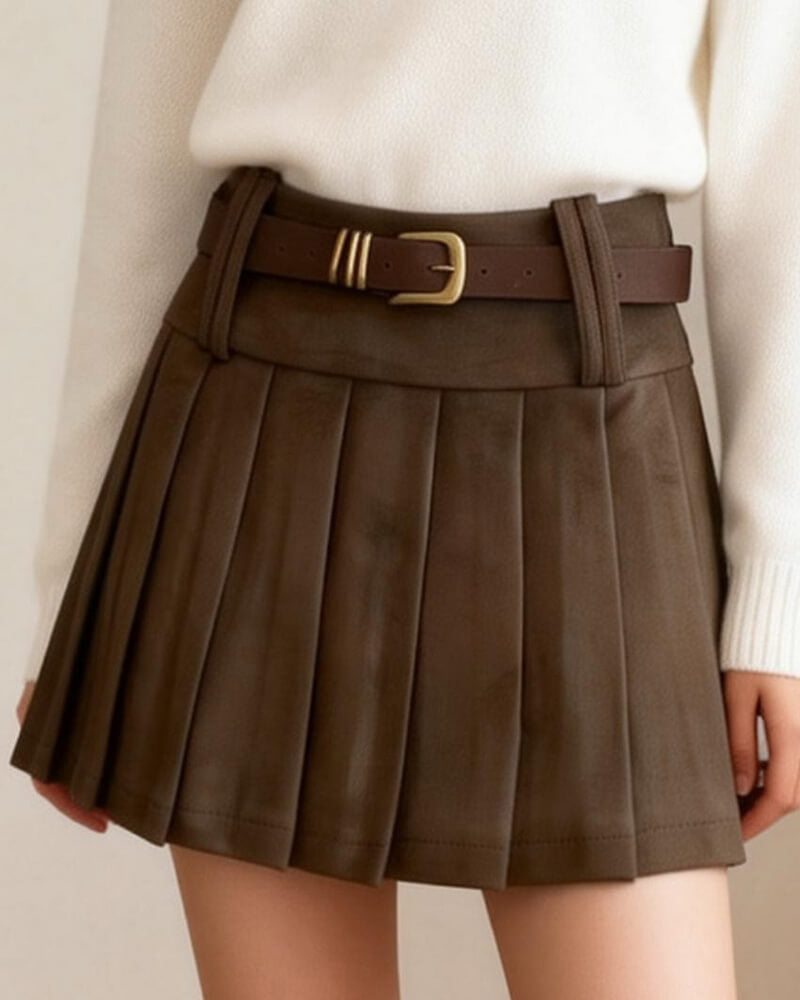 NURO Women's High Waist Pleated Mini Skirt, Textured A-Line Midi Skirt for Fall and Winter